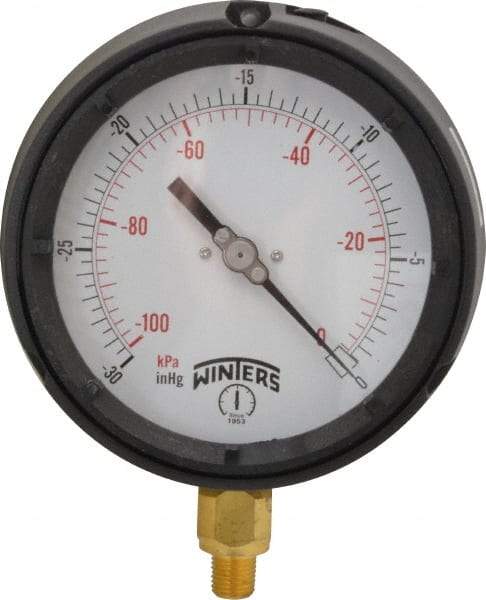 Winters - 4-1/2" Dial, 1/4 Thread, 30-0 Scale Range, Pressure Gauge - Lower Connection Mount, Accurate to 0.5% of Scale - Exact Tool & Supply