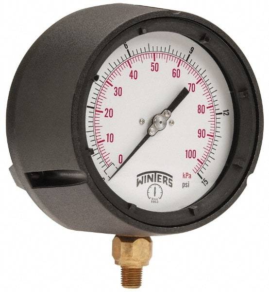 Winters - 4-1/2" Dial, 1/4 Thread, 0-15 Scale Range, Pressure Gauge - Lower Connection Mount, Accurate to 0.5% of Scale - Exact Tool & Supply
