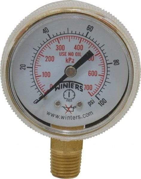 Winters - 1/4 Inch NPT, 75 Max psi, Brass Case Cylinder Pressure Gauge - 2 Inch Dial Diameter, 0 to 100 psi Display Range - Exact Tool & Supply