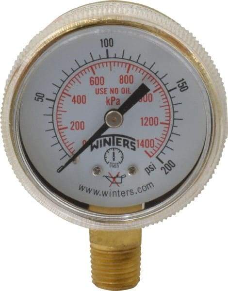Winters - 1/4 Inch NPT, 3,000 Max psi, Brass Case Cylinder Pressure Gauge - 2 Inch Dial Diameter, 0 to 4000 psi Display Range - Exact Tool & Supply