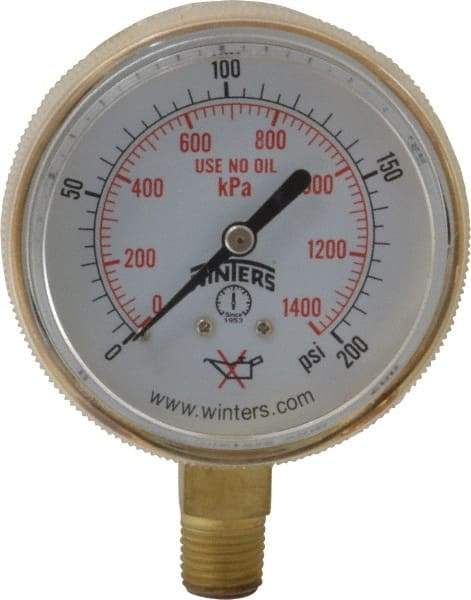 Winters - 1/4 Inch NPT, 150 Max psi, Brass Case Cylinder Pressure Gauge - 2-1/2 Inch Dial Diameter, 0 to 200 psi Display Range - Exact Tool & Supply