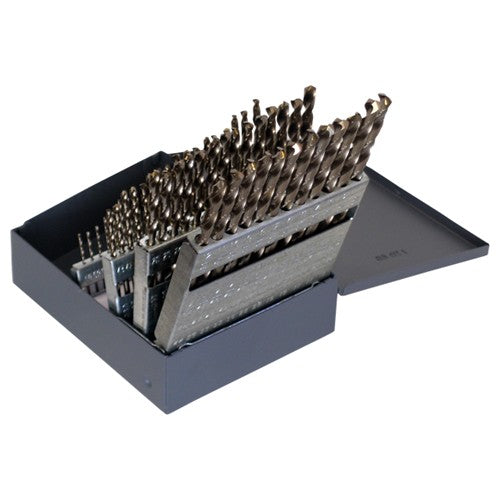 #1-#60 RHS / RHC HSS-CO 8% (M42) 135 Degree Split Point Heavy Duty Cobalt Jobber Length Drill Set - Straw / Gold Oxide - Exact Tool & Supply