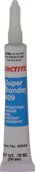 Loctite - 0.70 oz Tube Clear Instant Adhesive - Series 409, 75 sec Working Time, 24 hr Full Cure Time, Bonds to Metal, Plastic & Rubber - Exact Tool & Supply