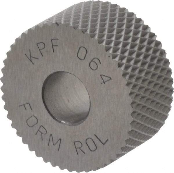Made in USA - 3/4" Diam, 80° Tooth Angle, Standard (Shape), Form Type High Speed Steel Female Diamond Knurl Wheel - 3/8" Face Width, 1/4" Hole, 64 Diametral Pitch, 30° Helix, Bright Finish, Series KP - Exact Tool & Supply