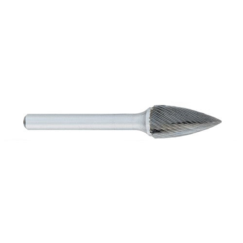 SM-1 -6mm × 12mm LOC × 6mm Shank × 50mm OAL Pointed Cone Carbide Medium Right Hand Spiral Burr - Exact Tool & Supply