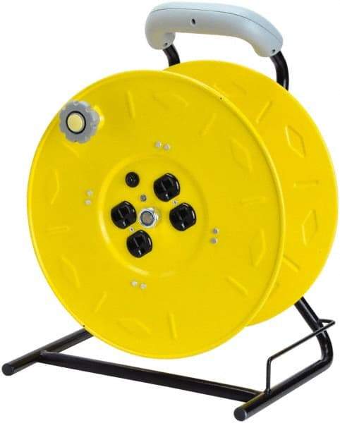 Value Collection - 12 AWG, 100' Cable Length, Cord & Cable Reel with Outlet End, No Cable - 4 Outlets, NEMA 5-15R, 15 Amps, 125 Volts, SO Cable, Yellow Reel, Hand Crank Reel - Exact Tool & Supply