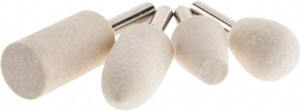 Value Collection - 4 Piece, 1/4" Shank Diam, Wool Felt Bob Set - Medium Density, Includes Ball, Cone, Cylinder, Flame, Olive & Oval Bobs - Exact Tool & Supply
