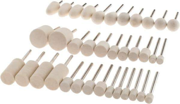 Value Collection - 36 Piece, 1/8" Shank Diam, Wool Felt Bob Set - Medium Density, Includes Ball, Cone, Cylinder, Flame, Olive & Oval Bobs - Exact Tool & Supply