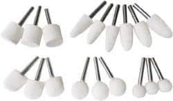 Value Collection - 18 Piece, 1/4" Shank Diam, Wool Felt Bob Set - Medium Density, Includes Ball, Cone, Cylinder, Flame, Olive & Oval Bobs - Exact Tool & Supply