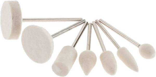 Value Collection - 7 Piece, 3/32" Shank Diam, Wool Felt Bob Set - Medium Density, Includes Ball, Cone, Cylinder, Flame, Olive & Oval Bobs - Exact Tool & Supply