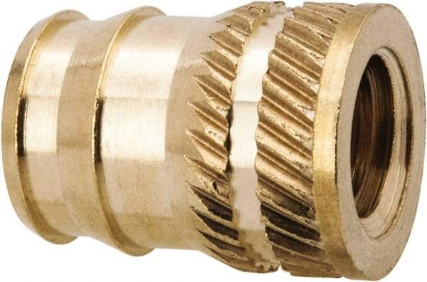 E-Z LOK - 1/4-20, 0.321" Small to 0.363" Large End Hole Diam, Brass Double Vane Tapered Hole Threaded Insert - 3/8" Insert, 0.332" Pilot Diam, 1/2" OAL, 0.194" Min Wall Thickness, 11/32" Drill, 0.194" Min Grip - Exact Tool & Supply