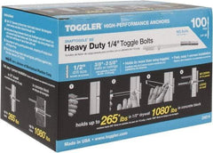 Toggler - 1/4" Screw, 6-1/4" Long, 3/8 to 3-5/8" Thick, Toggle Bolt Drywall & Hollow Wall Anchor - 1/4 - 20" Thread, 1/2" Drill, Zinc Plated, Steel, Grade 1010, Use in Drywall - Exact Tool & Supply