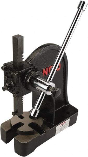 Jet - 2" Ram, 8-1/2" Throat Depth, 5 Ton Manual Arbor Press - 17-33/64" Max Work Height x 17" Max Work Width, Single Leverage, 9-7/8" Base Width x 26" Base Depth - Exact Tool & Supply