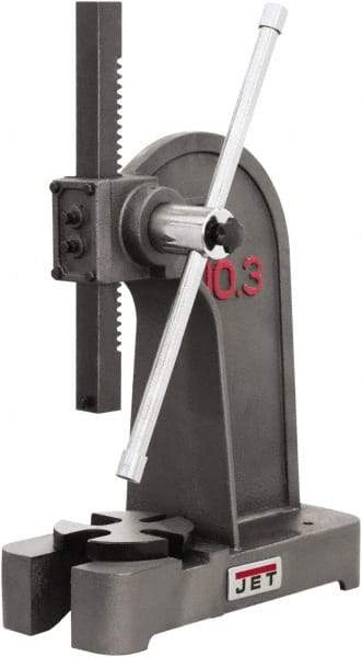 Jet - 1/2" Ram, 7-7/8" Throat Depth, 2 Ton Manual Arbor Press - 7-7/8" Max Work Height x 11-3/8" Max Work Width, Single Leverage, 6-3/8" Base Width x 17" Base Depth - Exact Tool & Supply