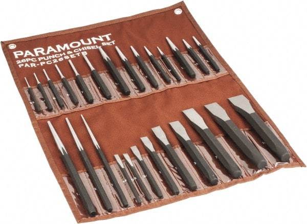 Paramount - 26 Piece Punch & Chisel Set - 1/4 to 1-3/16" Chisel, 3/8 to 1/4" Punch, Hexagon Shank - Exact Tool & Supply