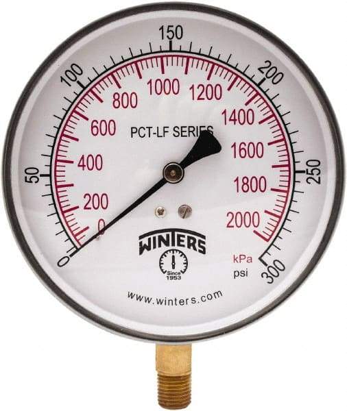 Winters - 4-1/2" Dial, 1/4 Thread, 0-300 Scale Range, Pressure Gauge - Lower Connection Mount, Accurate to 0.01% of Scale - Exact Tool & Supply