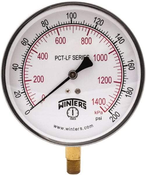 Winters - 4-1/2" Dial, 1/4 Thread, 0-200 Scale Range, Pressure Gauge - Lower Connection Mount, Accurate to 0.01% of Scale - Exact Tool & Supply
