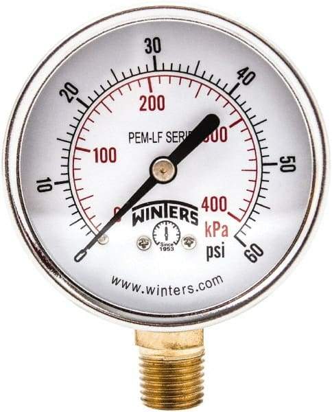 Winters - 2-1/2" Dial, 1/4 Thread, 0-60 Scale Range, Pressure Gauge - Lower Connection Mount, Accurate to 3-2-3% of Scale - Exact Tool & Supply
