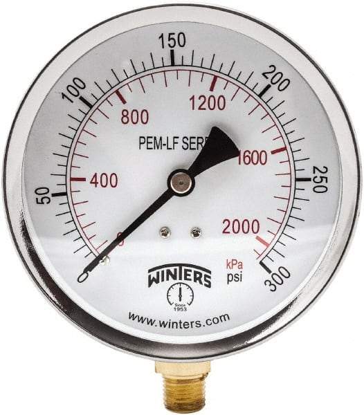 Winters - 4" Dial, 1/4 Thread, 0-300 Scale Range, Pressure Gauge - Lower Connection Mount, Accurate to 3-2-3% of Scale - Exact Tool & Supply