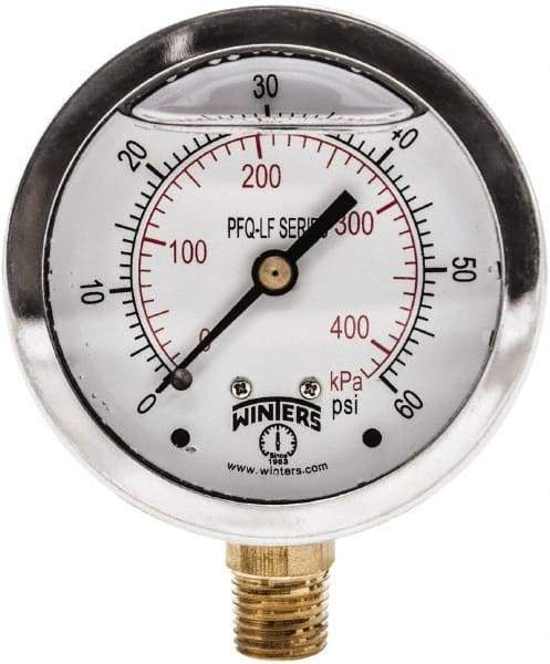 Winters - 2-1/2" Dial, 1/4 Thread, 0-60 Scale Range, Pressure Gauge - Lower Connection Mount, Accurate to 1.5% of Scale - Exact Tool & Supply