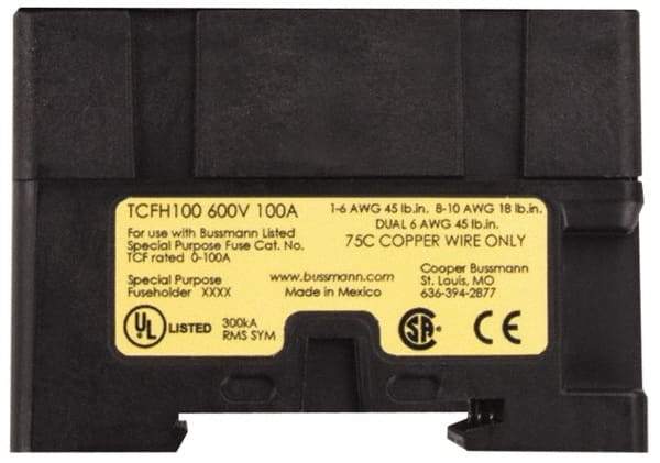 Cooper Bussmann - 1 Pole, 600 VAC/VDC, 100 Amp, DIN Rail Mount Fuse Holder - Compatible with CF, J Class, 1.05 Inch Wide Fuse - Exact Tool & Supply