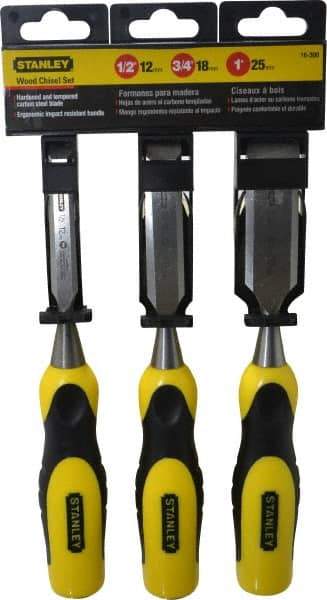 Stanley - 3 Piece Wood Chisel Set - 9" OAL, Bi-Material, Sizes Included 1/2 to 1" - Exact Tool & Supply
