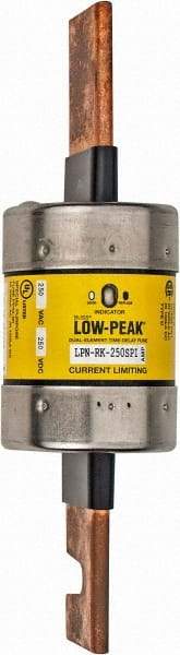 Cooper Bussmann - 250 VAC/VDC, 250 Amp, Time Delay General Purpose Fuse - Bolt-on Mount, 8-5/8" OAL, 100 at DC, 300 at AC (RMS) kA Rating, 2-3/8" Diam - Exact Tool & Supply