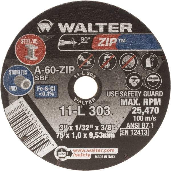 WALTER Surface Technologies - 3" Aluminum Oxide Cutoff Wheel - 1/16" Thick, 3/8" Arbor, 25,470 Max RPM, Use with Die Grinders - Exact Tool & Supply