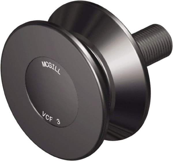 McGill - 3-1/2" Roller Diam x 1-11/16" Width, 1-1/8" Stud Diam x 2" Length, V Guide Roller - Steel, 1-1/8" Thread Length, 7/8-14 Thread, 3.69" OAL, 3,490 Lb Dynamic Cap, 2,000 Lb Static Cap - Exact Tool & Supply