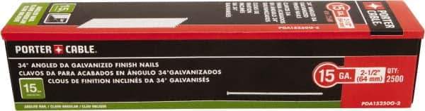 Porter-Cable - 15 Gauge 2-1/2" Long Finishing Nails for Power Nailers - Steel, Galvanized Finish, Smooth Shank, Angled Stick Collation, Round Head, Chisel Point - Exact Tool & Supply