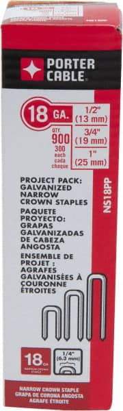 Porter-Cable - 1/2", 3/4, and 1" Long x 1/4" Wide, 18 Gauge Narrow Crown Construction Staple Multi Pack - Steel, Galvanized Finish. 300/size - Exact Tool & Supply
