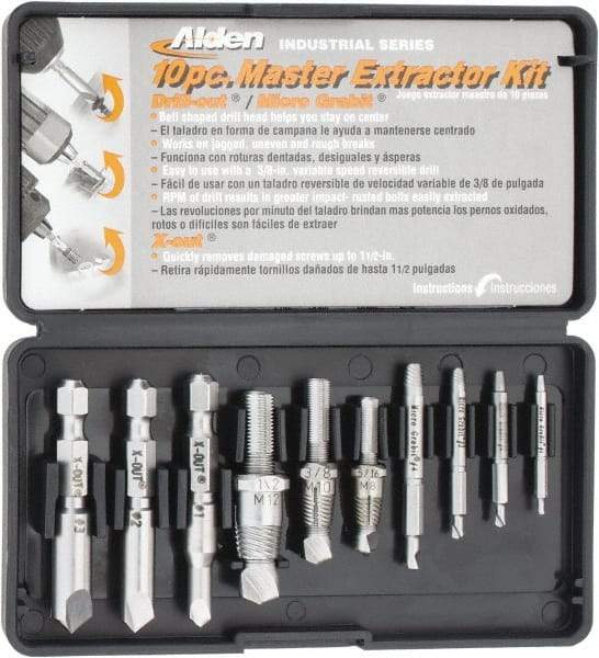 Alden - 10 Piece Screw Extractor/Drill Set - #4 to 1/2 Size Range - Exact Tool & Supply