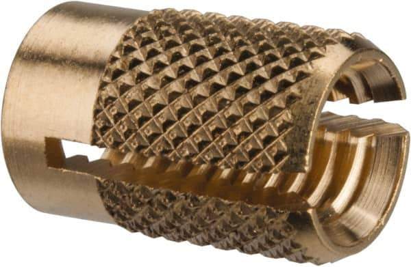E-Z LOK - M6x1.00 Metric Coarse Brass Flush Press Fit Threaded Insert for Plastic - 1/2" OAL, 0.326" Insert Diam, 5/16" Hole Diam, 5/16" Drill - Exact Tool & Supply