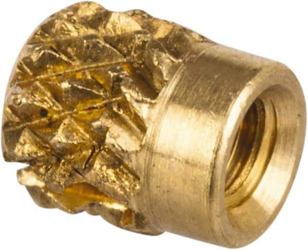 E-Z LOK - #0-80 UNF Brass Flush Press Fit Threaded Insert for Plastic - 1/8" OAL, 0.104" Insert Diam, 3/32" Hole Diam, 3/32" Drill - Exact Tool & Supply