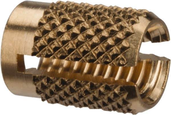 E-Z LOK - #10-24 UNC Brass Flush Press Fit Threaded Insert for Plastic - 0.357" OAL, 0.262" Insert Diam, 1/4" Hole Diam, 1/4" Drill - Exact Tool & Supply
