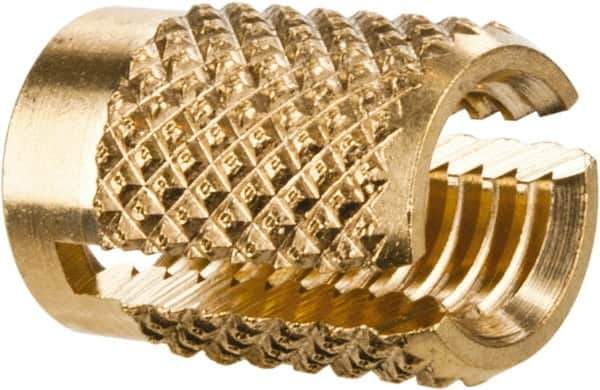 E-Z LOK - #10-32 UNF Brass Flush Press Fit Threaded Insert for Plastic - 0.357" OAL, 0.262" Insert Diam, 1/4" Hole Diam, 1/4" Drill - Exact Tool & Supply