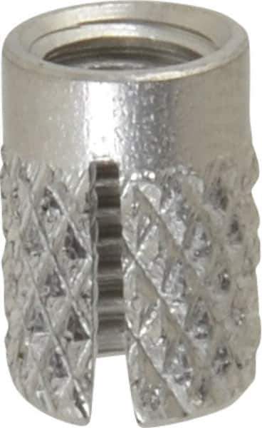 E-Z LOK - #10-32 UNF Grade 303 Stainless Steel Flush Press Fit Threaded Insert for Plastic - 0.357" OAL, 0.262" Insert Diam, 1/4" Hole Diam, 1/4" Drill - Exact Tool & Supply