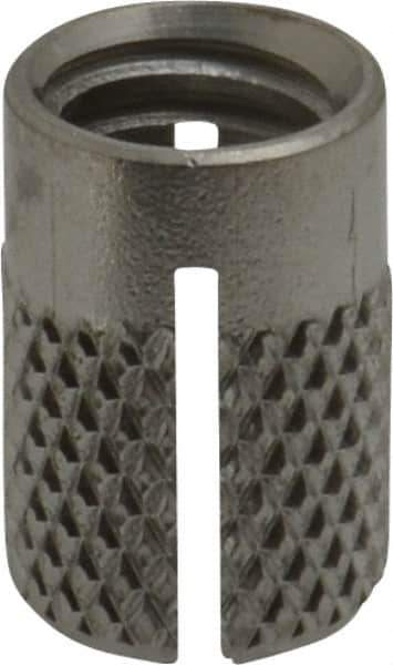 E-Z LOK - 5/16-18 UNC Grade 303 Stainless Steel Flush Press Fit Threaded Insert for Plastic - 9/16" OAL, 0.389" Insert Diam, 3/8" Hole Diam, 3/8" Drill - Exact Tool & Supply