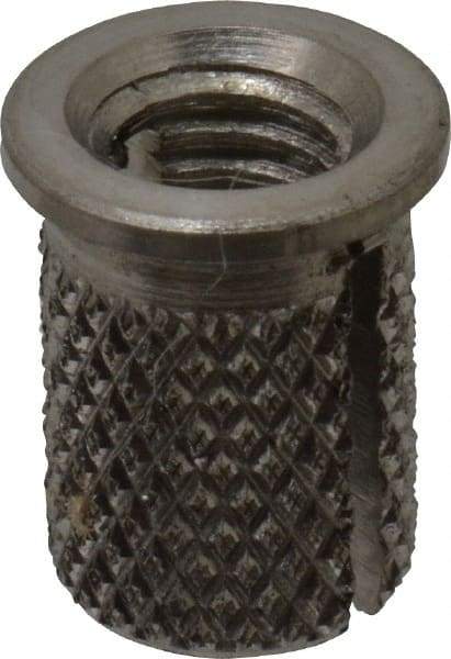 E-Z LOK - #10-32 UNF Grade 303 Stainless Steel Flanged Press Fit Threaded Insert for Plastic - 3/8" OAL, 0.262" Insert Diam, 1/4" Hole Diam, 1/4" Drill - Exact Tool & Supply