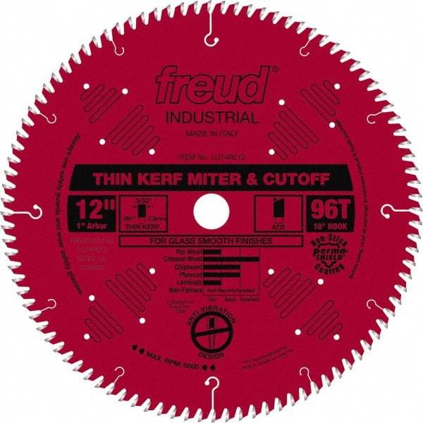 Freud - 12" Diam, 1" Arbor Hole Diam, 96 Tooth Wet & Dry Cut Saw Blade - Carbide-Tipped, Standard Round Arbor - Exact Tool & Supply