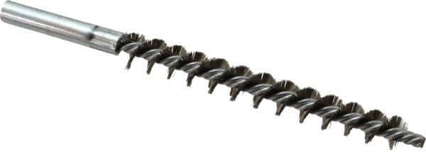 Schaefer Brush - 4" Brush Length, 1/2" Diam, Double Stem, Single Spiral Tube Brush - 6-1/4" Long, Stainless Steel, 12-24 Female Connection - Exact Tool & Supply