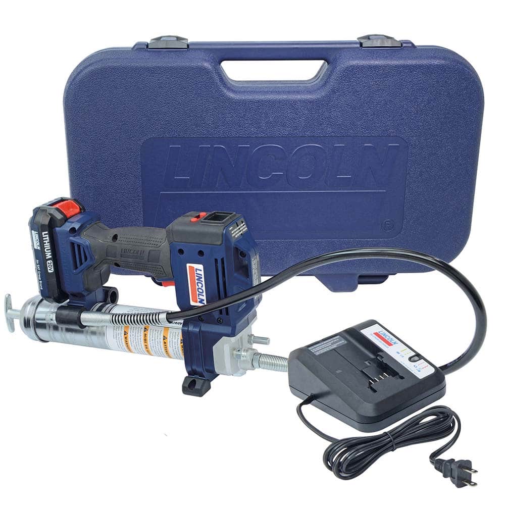 Lincoln - Grease Guns; Type: Battery-Operated Grease Gun ; Capacity (oz.): 14.50 ; Hose Length (Inch): 36 ; Rigid or Flexible Hose: Flexible ; Fill Type: Cartridge ; Continuous Flow Rate (oz./min): 3.50 - Exact Tool & Supply