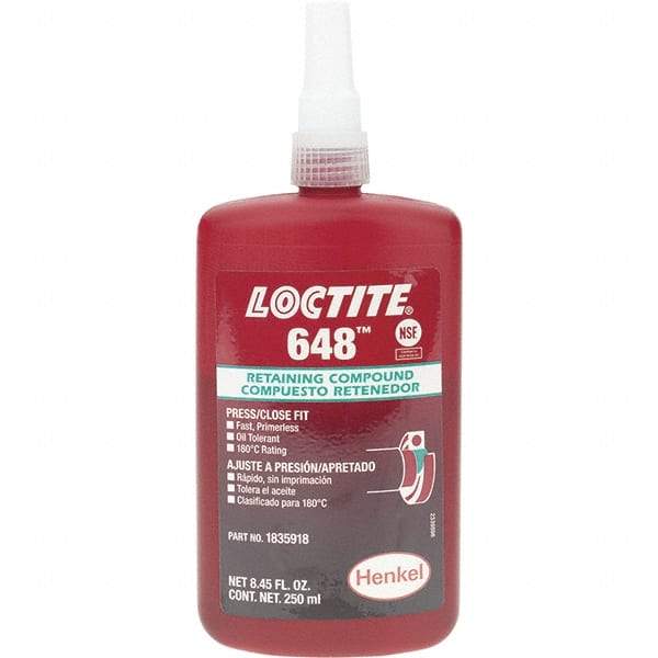 Loctite - 250 mL, Red, High Strength Retaining Compound - Series 648 - Exact Tool & Supply