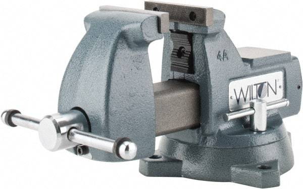 Wilton - 4" Jaw Width x 4-1/2" Jaw Opening Capacity, 3-7/16" Throat Depth, Bench & Pipe Combination Vise - 1/4 to 2" Pipe Capacity, Swivel Base, Bolt Down Attachment, Ductile Iron - Exact Tool & Supply