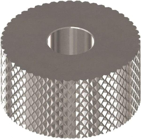 Made in USA - 1" Diam, 90° Tooth Angle, 30 TPI, Standard (Shape), Form Type High Speed Steel Female Diamond Knurl Wheel - 3/8" Face Width, 5/16" Hole, Circular Pitch, Bright Finish, Series OU - Exact Tool & Supply