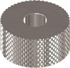 Made in USA - 1" Diam, 90° Tooth Angle, 30 TPI, Standard (Shape), Form Type High Speed Steel Female Diamond Knurl Wheel - 3/8" Face Width, 5/16" Hole, Circular Pitch, Bright Finish, Series OU - Exact Tool & Supply