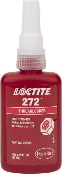 Loctite - 50 mL Bottle, Red, High Strength Liquid Threadlocker - Series 272, 24 hr Full Cure Time, Hand Tool, Heat Removal - Exact Tool & Supply