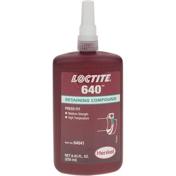Loctite - 250 mL, Green, Medium Strength Liquid Retaining Compound - Series 640, 24 hr Full Cure Time - Exact Tool & Supply