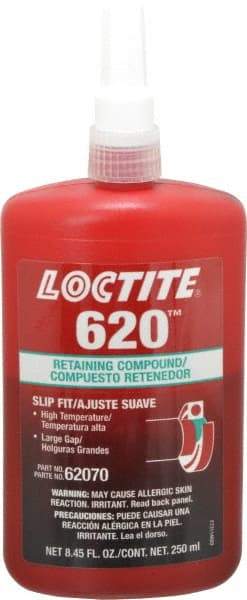 Loctite - 250 mL Bottle, Green, Medium Strength Liquid Retaining Compound - Series 620, 24 hr Full Cure Time, Heat Removal - Exact Tool & Supply