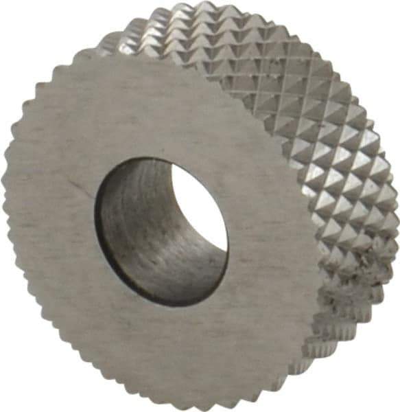 Made in USA - 1/2" Diam, 90° Tooth Angle, 30 TPI, Standard (Shape), Form Type High Speed Steel Male Diamond Knurl Wheel - 3/16" Face Width, 3/16" Hole, Circular Pitch, 30° Helix, Bright Finish, Series EP - Exact Tool & Supply